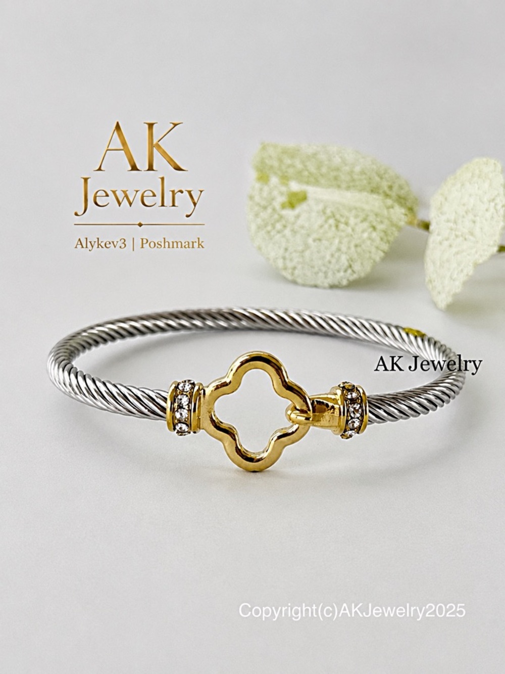 💎BRACELET Clover and Pave Stainless Steel Cable Two-Tone, Bangle, Stackable